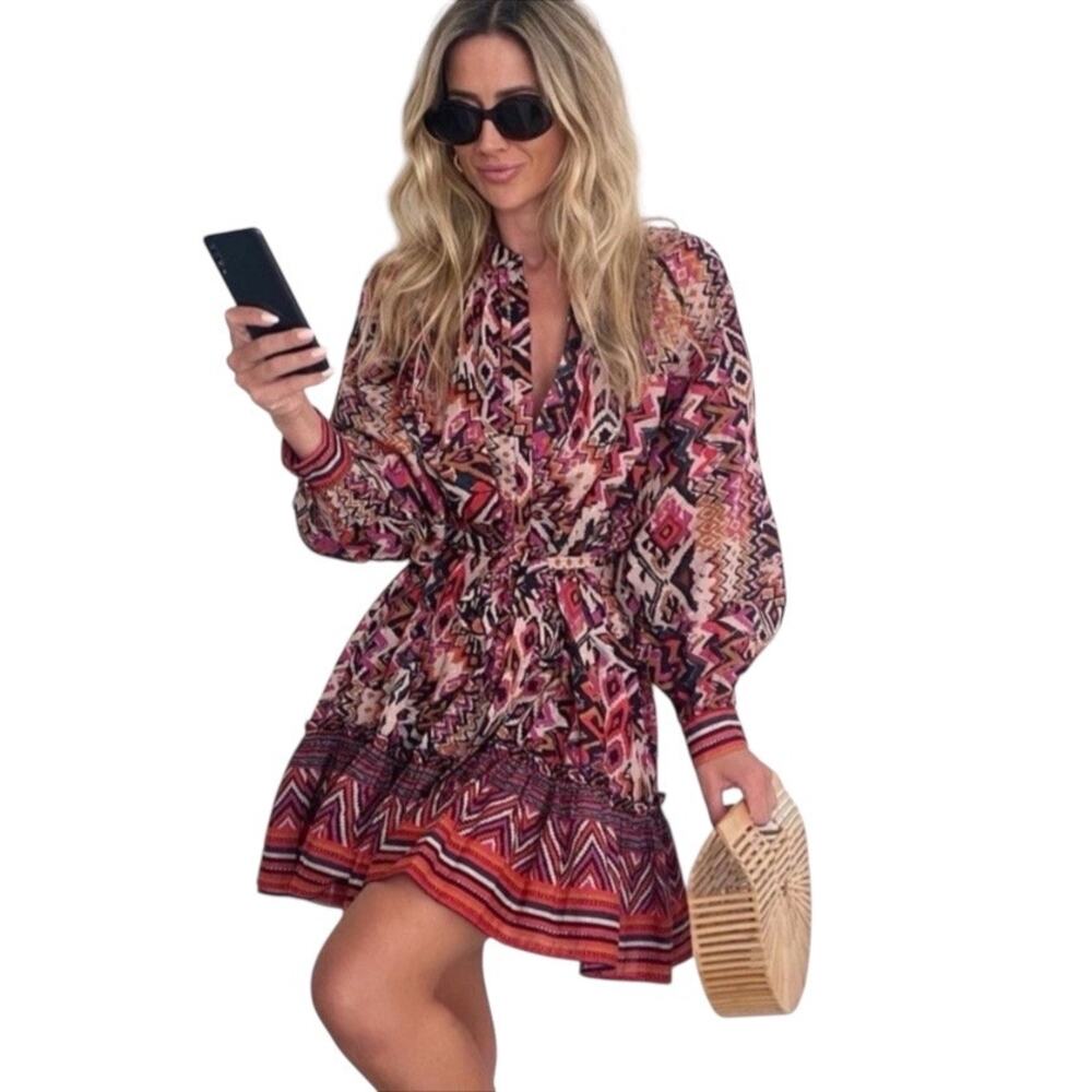 Zara Pink and Red Tribal Print Boho Bohemian Tie Waist Mini Dress Size Small